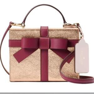 kate spade Rose Gold Metallic Box Bag with Wine Bow Detail